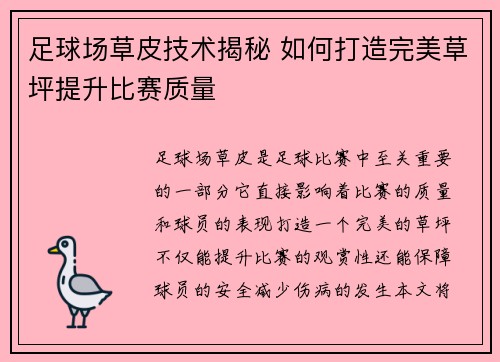 足球场草皮技术揭秘 如何打造完美草坪提升比赛质量