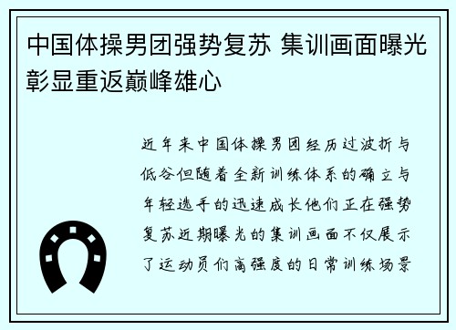 中国体操男团强势复苏 集训画面曝光彰显重返巅峰雄心
